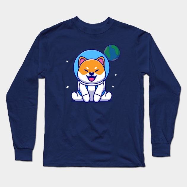 Cute Shiba Inu Dog Astronaut Sitting Cartoon Long Sleeve T-Shirt by Catalyst Labs